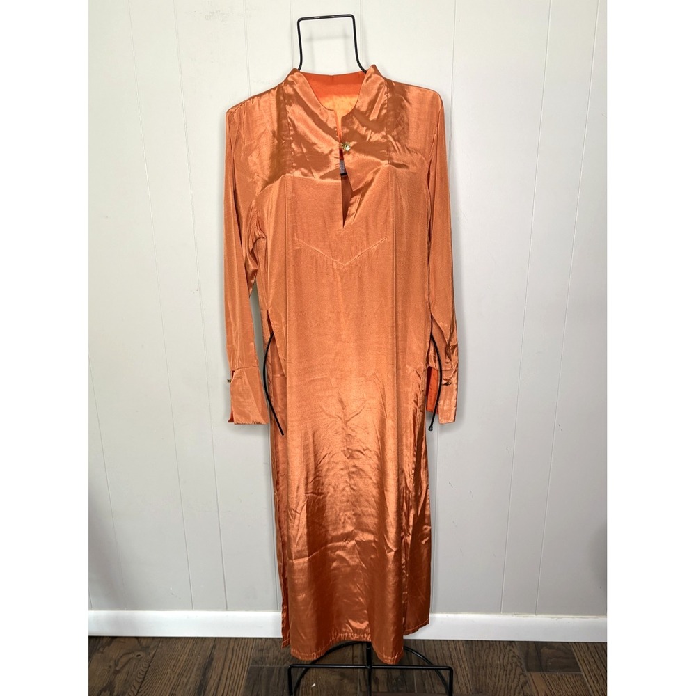 Vintage Loulou De La Falaise Sz M Orange Satin‎ Full Length Kaftan Dress Sleeves